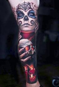 Leg Mexican traditional colorful horror witch tattoo