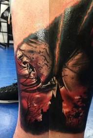 leg colored bloody vampire woman with old house tattoo