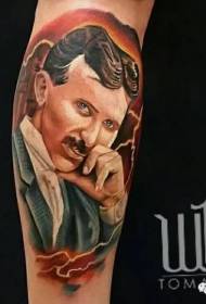 Color Nikola Tesla portrait tattoo in leg illustration style