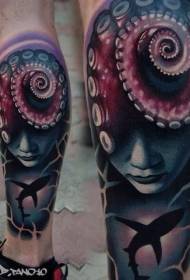 Цвят на краката мистериозен модел на татуировка на жена и акула
