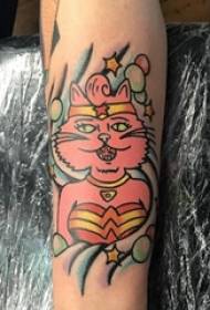 tetovējums karikatūra meitene krāsainu kaķu tetovējums attēls uz teļa