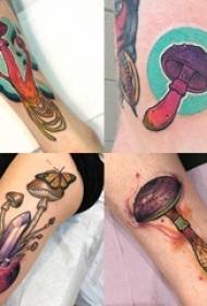 在彩色蘑菇紋身圖片上畫的紋身男小腿