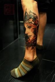 Leg color female portrait tattoo pattern