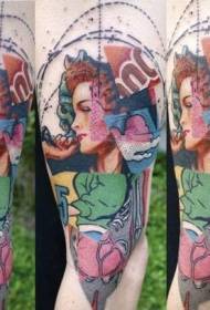 Colorful woman portrait tattoo in leg sketch style