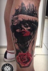 leg color horror Style bloody women with rose tattoo