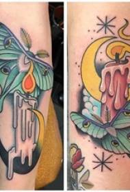 Poros blauzdos dažytos abstrakčių linijų drugelio ir žvakės tatuiruotės paveikslas