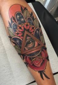 Leg illustration style colored triangle eye tattoo pattern
