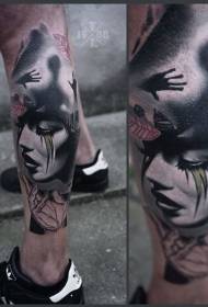 legged horror style mysterious female portrait tattoo