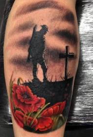 Memorial militar de cor de perna com tatuagem de flores