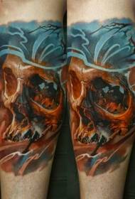 Leg new style colorful human skull tattoo pattern