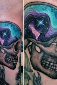 Leg colorful skull with starry space tattoo