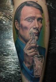Leg color famous actor portrait tattoo pattern