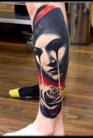 Leg colored surreal woman rose tattoo