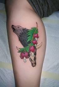 girl calf on painted simple Line plants and small animal wolf tattoo pictures