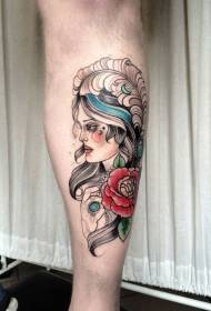 calf sketch style color girl with feather and rose tattoo pattern