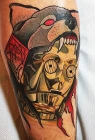 Leg color C3PO stylized devil wolf helmet tattoo