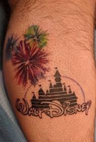 European calf tattoo male student calf on fireworks and Disney castle tattoo pictures