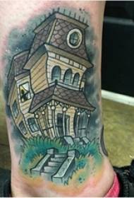 Stavebné tetovanie mužskej stopky na farebnom obrázku budovy tetovania