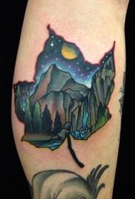 Leg color maple leaf shaped night mountain tattoo pattern
