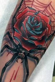Ou skoolstyl gekleurde bloedige spinnekop met roos tatoeëring
