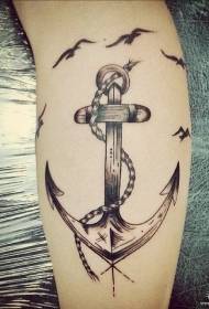 Calf black gray anchor seagull tattoo pattern