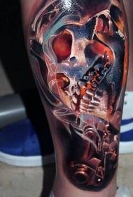 Leg new traditional style colored skull and pistol tattoo