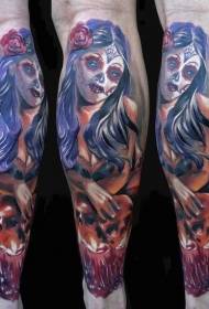 Patrón de tatuaje de retrato de mujer colorida tradicional mexicana de piernas