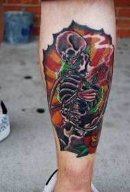 Leg color human skeleton and rose tattoo pattern