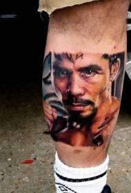 Leg color realistic portrait of famous boxer tattoo