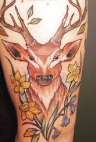 European calf tattoo girl calf on flower and deer tattoo picture