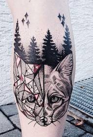 Leg color unusual fox with forest tattoo