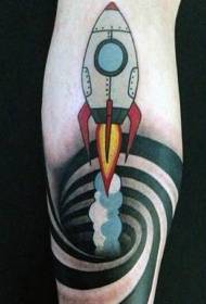 Kāju krāsu karikatūra, kas peld ar raķeti ar hipnotisku dekoratīvu tetovējumu