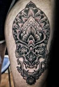 Leg black dot painting style skull tattoo pattern