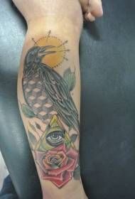 Leg color crow with rose tattoo pattern