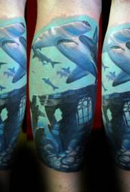Legs color realistic hammerhead shark and underwater ruins tattoo