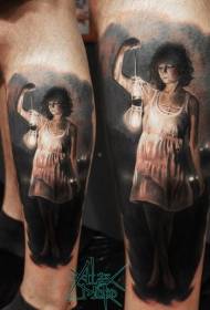 Leg junk style color mysterious woman with light bulb tattoo