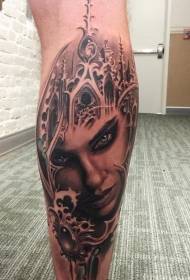 Leg brown woman portrait tattoo pattern