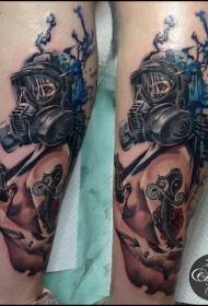 Leg color woman with gas mask tattoo pattern