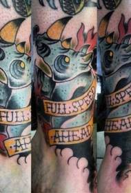 Old school style colorful flame rhinoceros tattoo picture