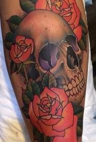 Vintage style colorful human skull with rose tattoo