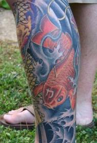 fish tattoo pattern swimming in the leg colored water