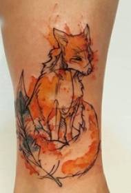 girls calf painted on the simple ink Abstract line feathers and fox tattoo pictures