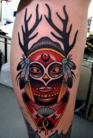 Leg new school style colorful indian mask tattoo