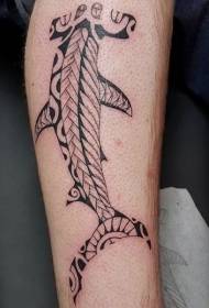 Black Polynesian style hammerhead shark tattoo on the leg