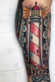 Leg new school style colored lighthouse tattoo picture