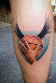 Leg color realistic basketball and wings tattoo pictures