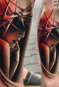 Leg mysterious colorful woman portrait tattoo pattern