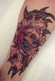 leg illustration style colored skull and flower tattoo