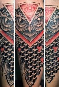 Setšoantšo sa tattoo sa leg ea geometric se mebala-bala ea owl