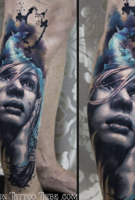 Leg realistic style colorful female portrait tattoo pattern